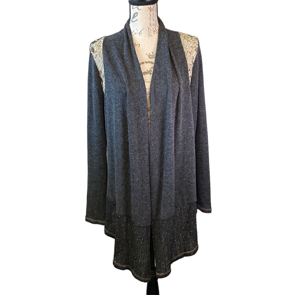 Miss Me Gray Waterfall Lace Shoulders Fitted back Cardigan Sweater S